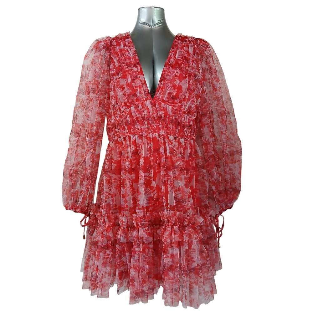 Lace & Beads Red‎ Floral Tulle Mini Dress Tiered Ruffle Puff Sleeve Sz 20 US 16